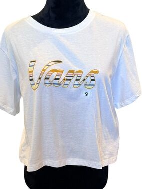 Vans White T-shirt Top Cropped Multicolor Striped Logo Shirt Size Small NWT New